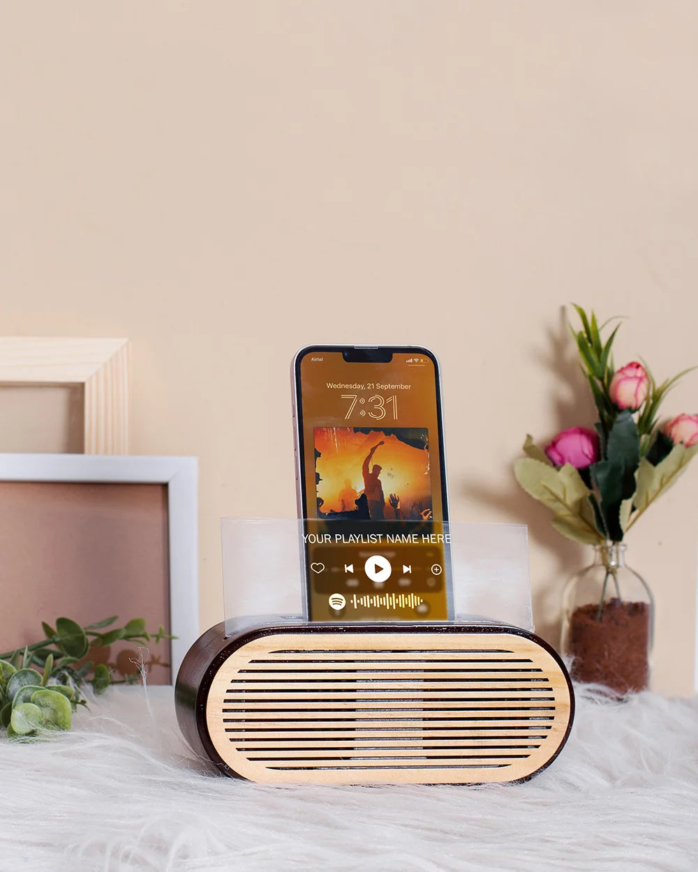 Wooden Mobile Sound Amplifier With Spotify Plaque